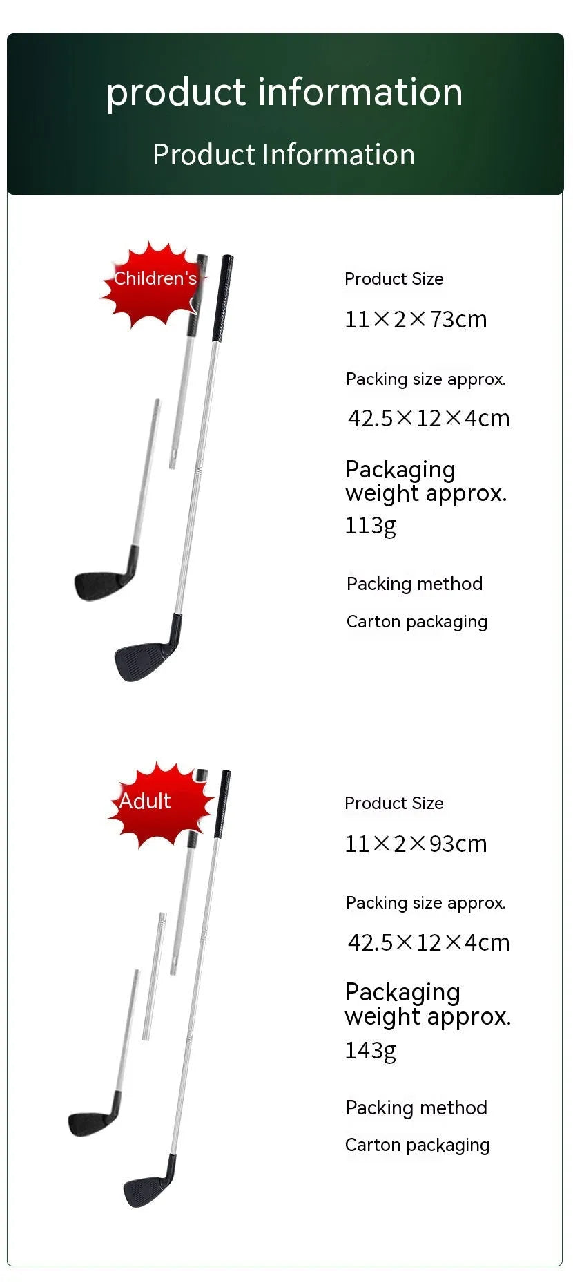 Metal golf practice club shown in children's and adult size options for outdoor sports