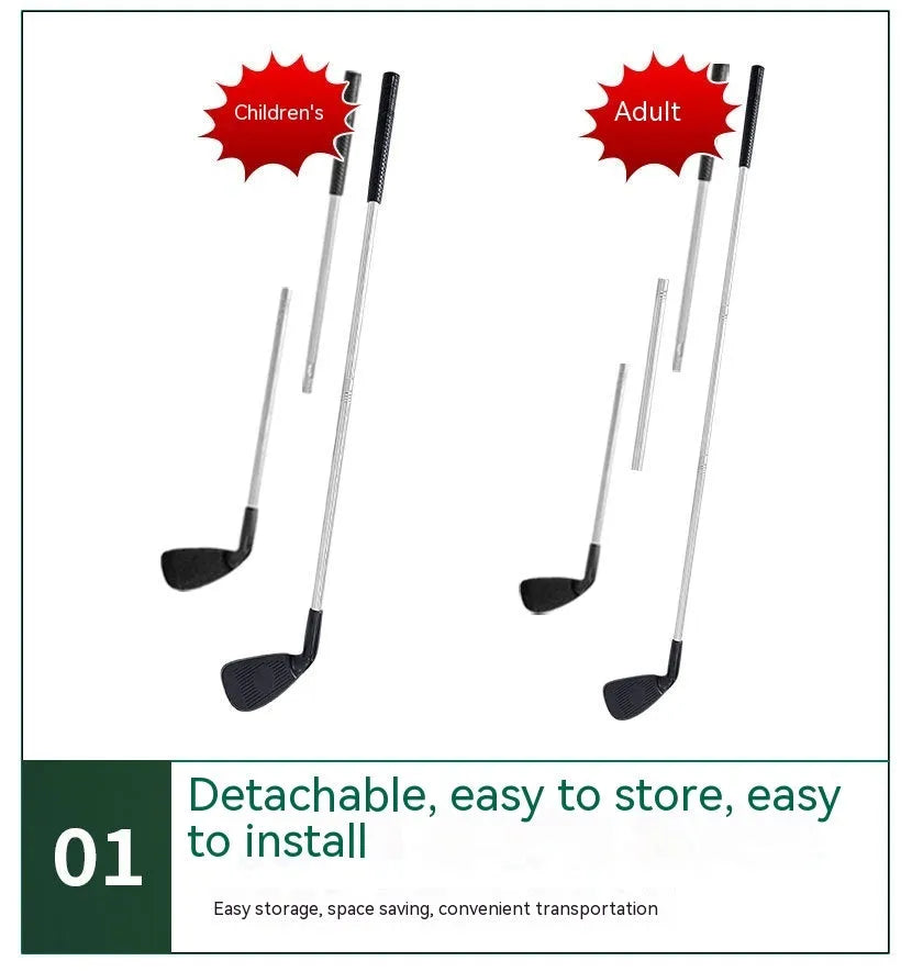 Metal golf practice club shown in children's and adult size options for outdoor sports