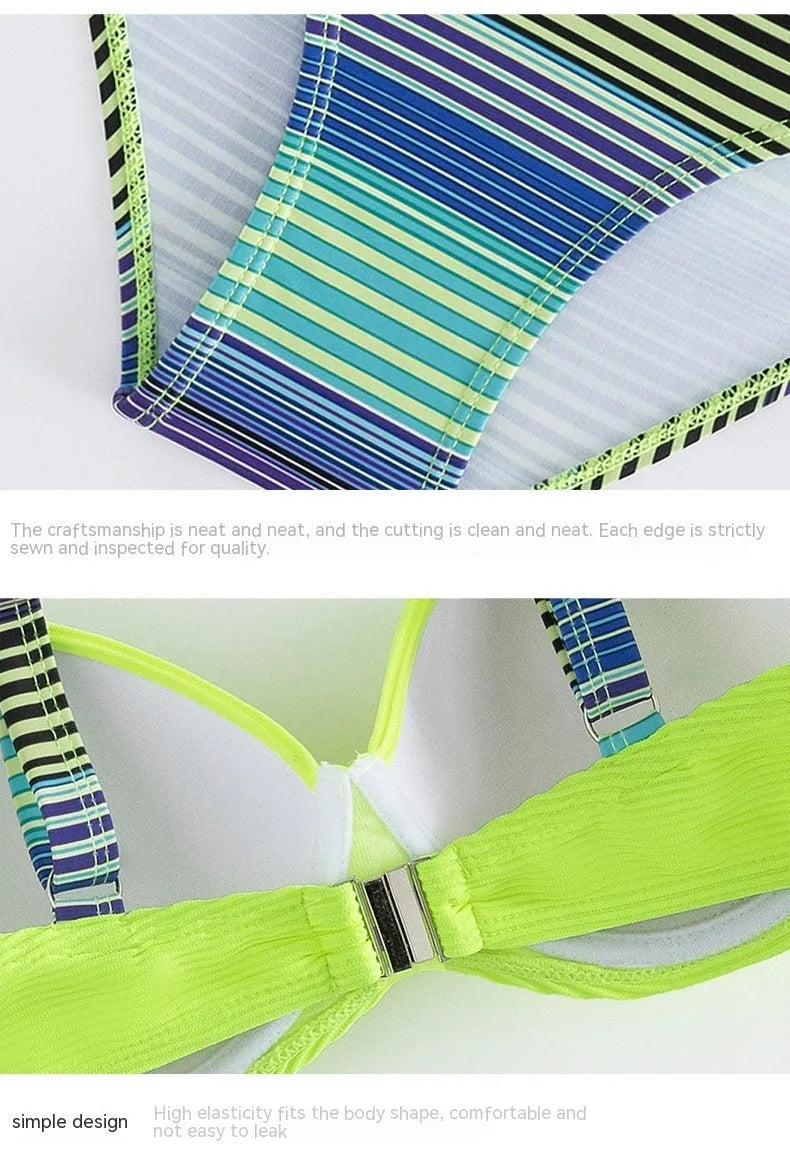 Women's green printed halter bikini set with split briefs swimwear