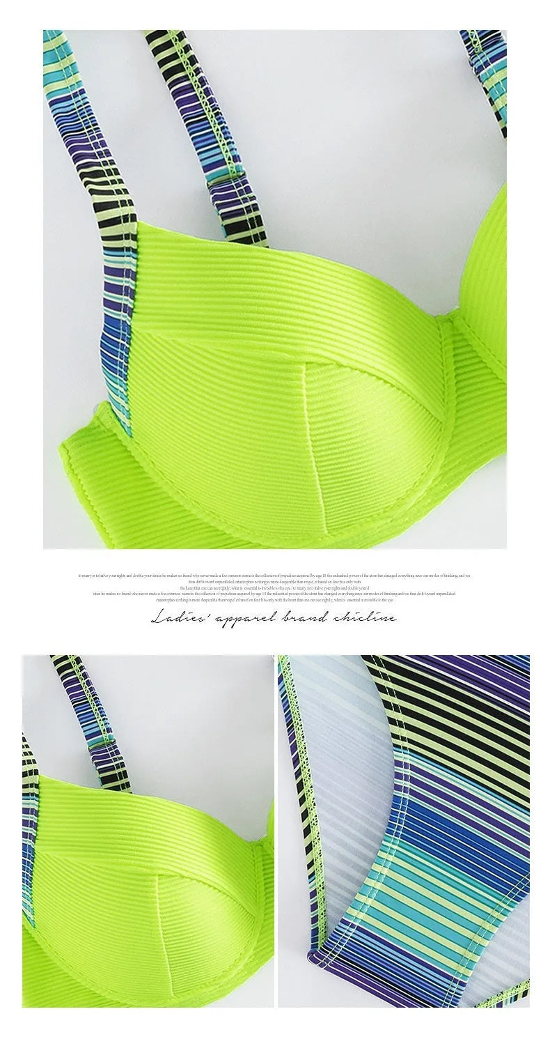 Women's green printed halter bikini set with split briefs swimwear