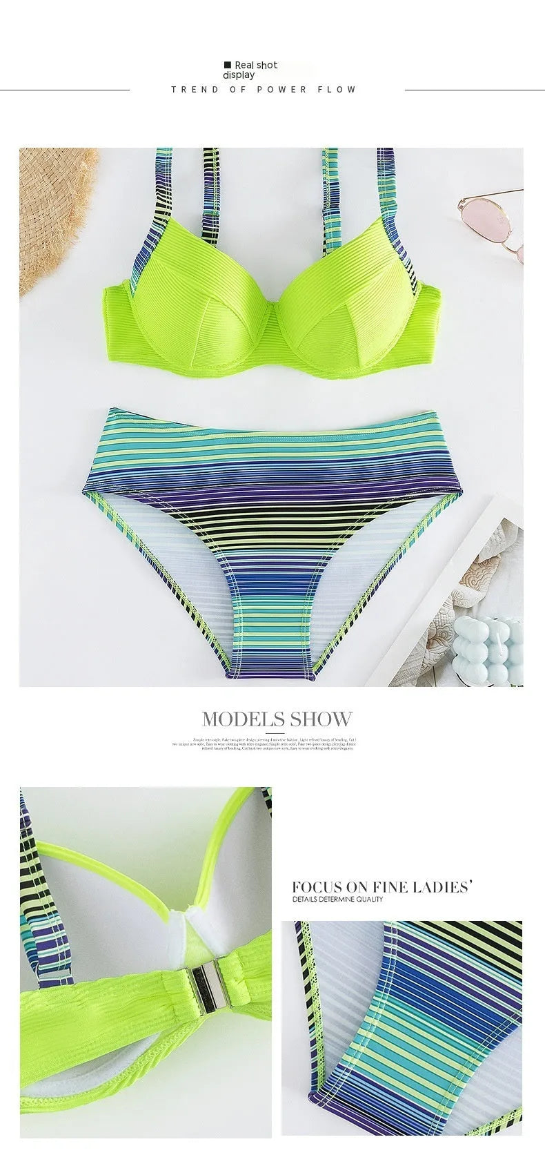 Women's green printed halter bikini set with split briefs swimwear