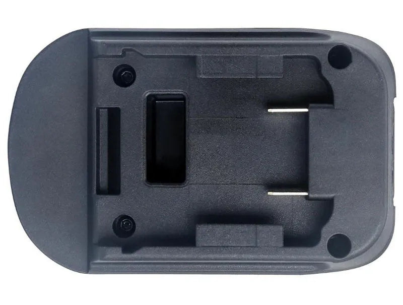 Black Milwaukee DM18M to Makita H99F battery adapter showing connection terminals