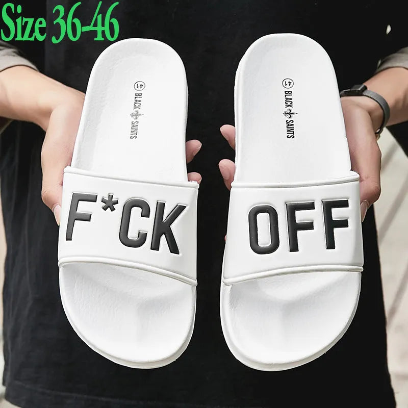 Large men's personalised slippers with rubber sole and open toe design in black or white colours