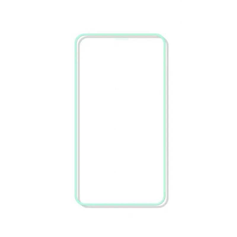 Luminous full cover tempered glass screen protector for iPhone showing glowing edge in dark.