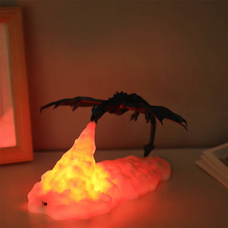3D printed red dragon night light with breathing glow effect on bedside table