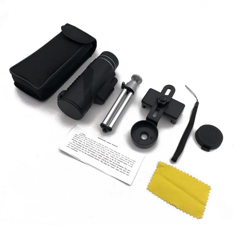 Black 40x60 monocular telescope showing lens details and compact size