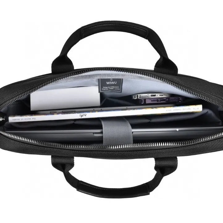 Black Oxford cloth laptop backpack showing multiple organisational pockets and a separate padded computer compartment.