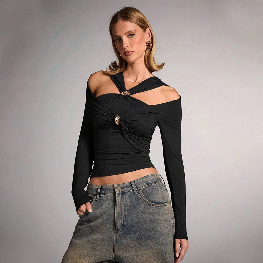 Black polyester women's halter top with long sleeves and shoulder-baring design