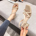 Women's thick heel super high sandals in apricot colour, showing backless side-air design and leather lining.