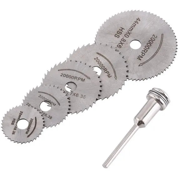 Six circular saw blades with mandrel for woodworking, high-speed steel construction