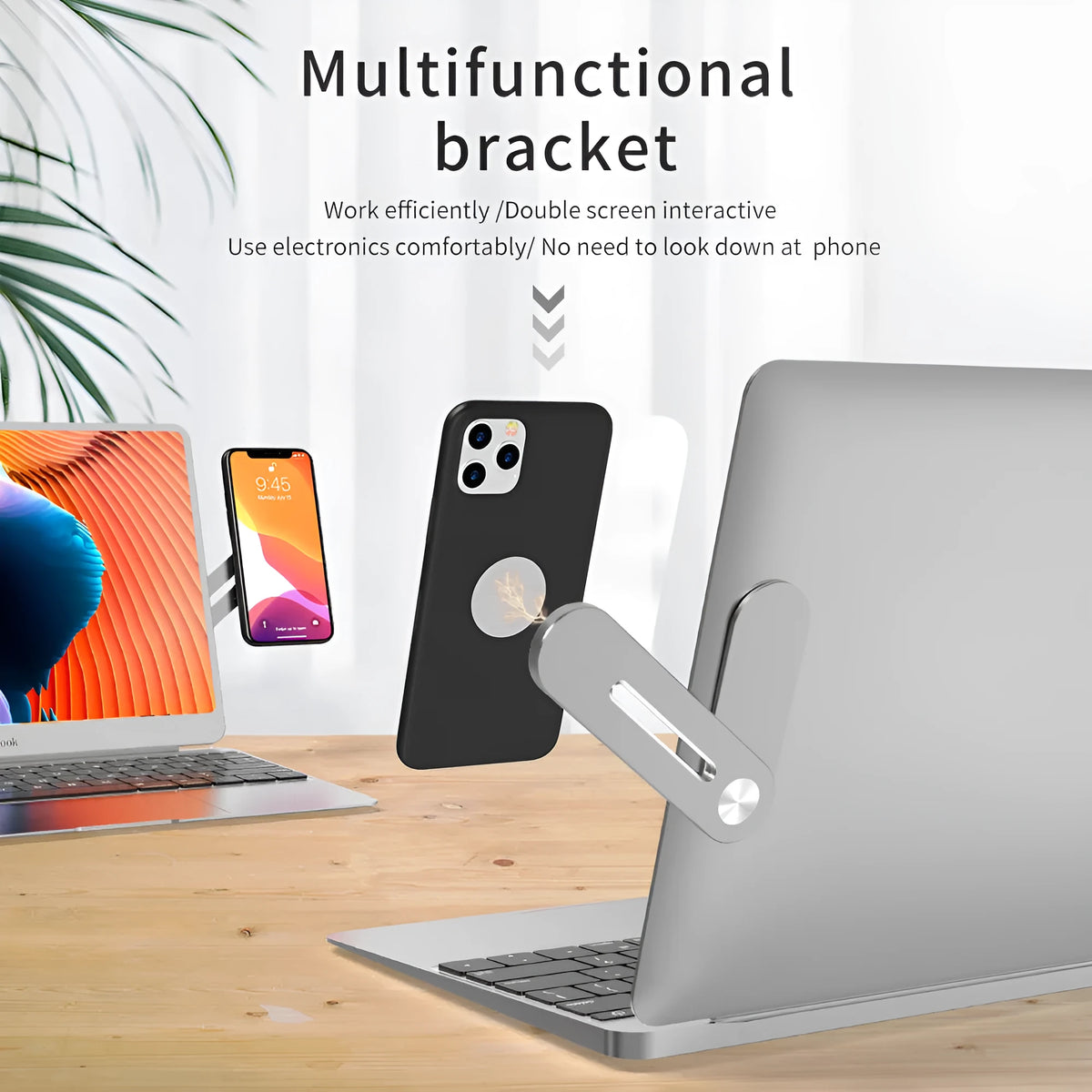 Silver aluminium laptop side mount bracket holding a smartphone beside a laptop screen.