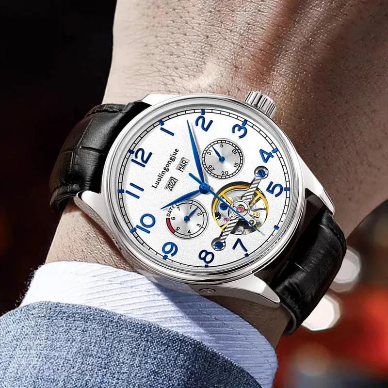 Men's business mechanical watch with stainless steel case, sapphire crystal glass, and genuine leather strap