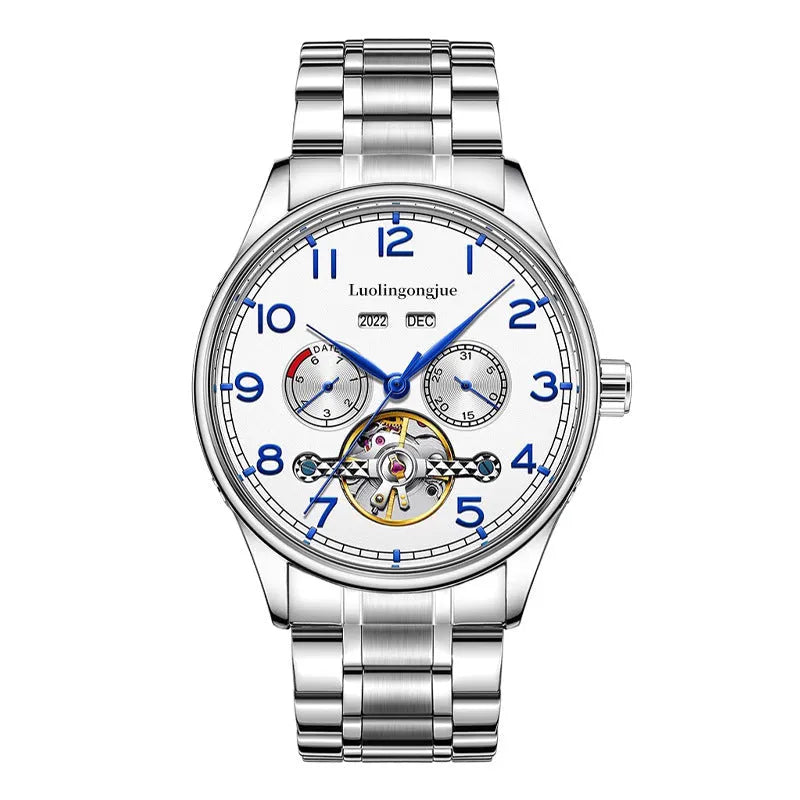 Men's business mechanical watch with stainless steel case, sapphire crystal glass, and genuine leather strap