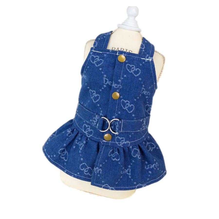 Blue denim princess dress for small dogs with bracket skirt design, suitable for spring and autumn seasons