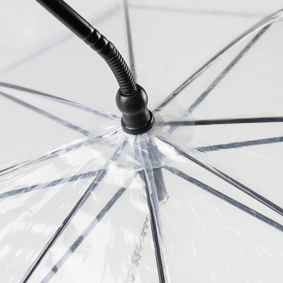 White transparent pet umbrella with C-shaped handle, 70cm PVC canopy, and adjustable retractable middle bar