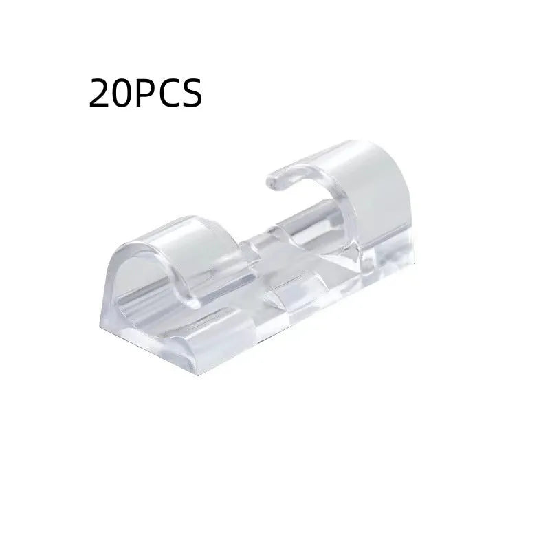 Transparent self-adhesive plastic cable clips in four sizes for wire organisation