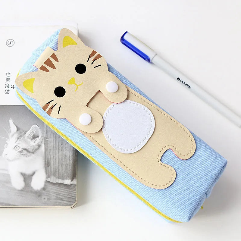 Cat cartoon canvas pencil case, square zipper pouch, 20x8cm, in blue beige grey or black