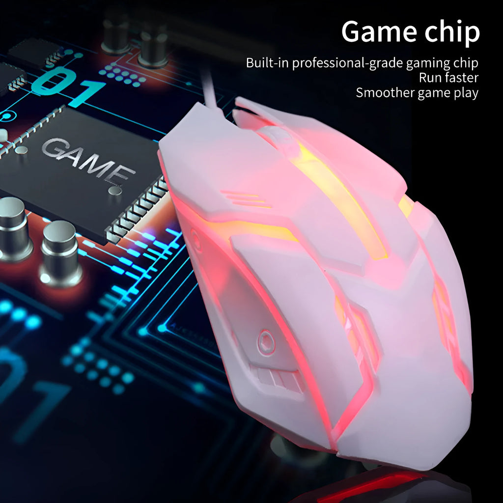 Black and white glowing USB wired computer mouse with colourful LED effects and 1.3 metre cable