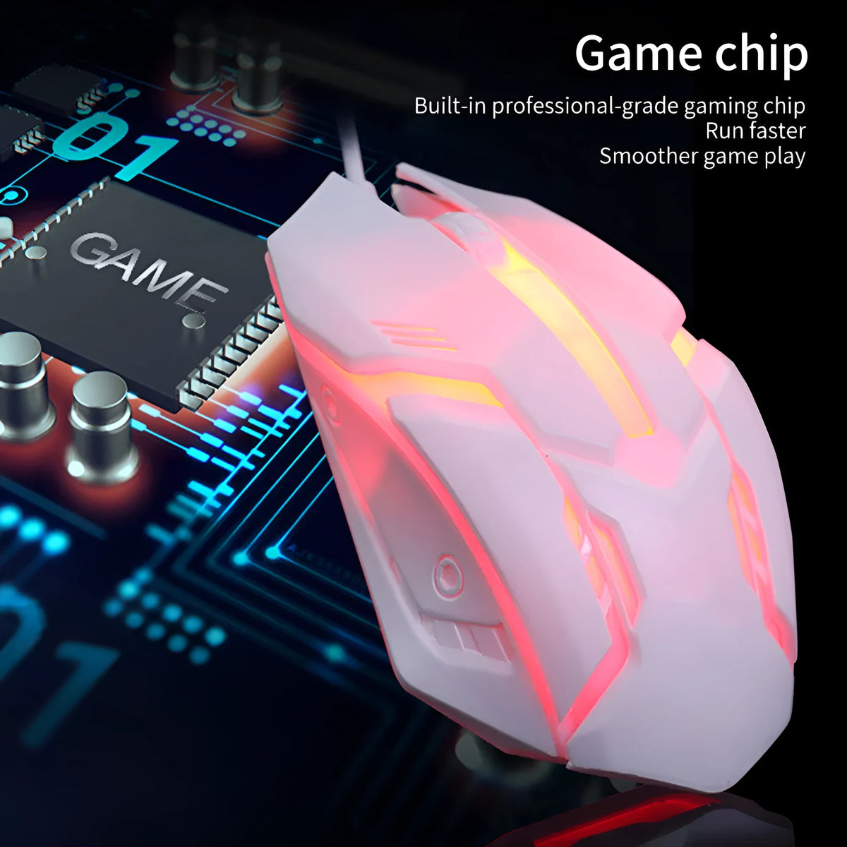 Black and white glowing USB wired computer mouse with colourful LED effects and 1.3 metre cable