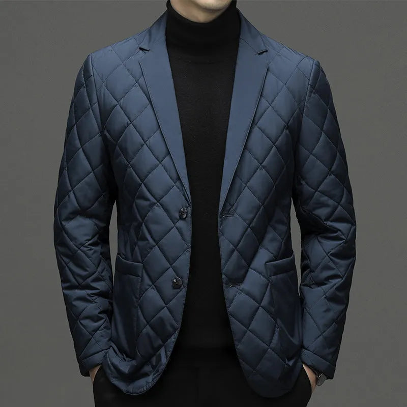 Men's black cardigan-style winter down jacket with lapel collar and side seam pockets.