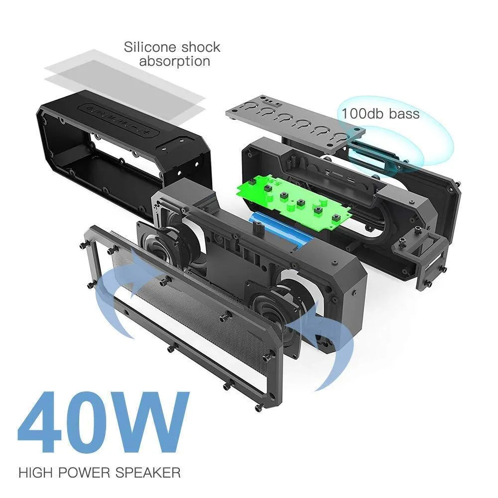 Black or blue waterproof portable Bluetooth speaker with carrying rope, showing front speaker grille and control buttons