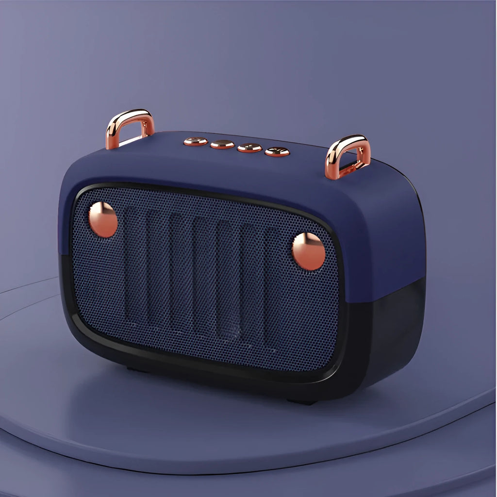 Compact black portable Bluetooth speaker showing card-sized dimensions with control buttons and USB port