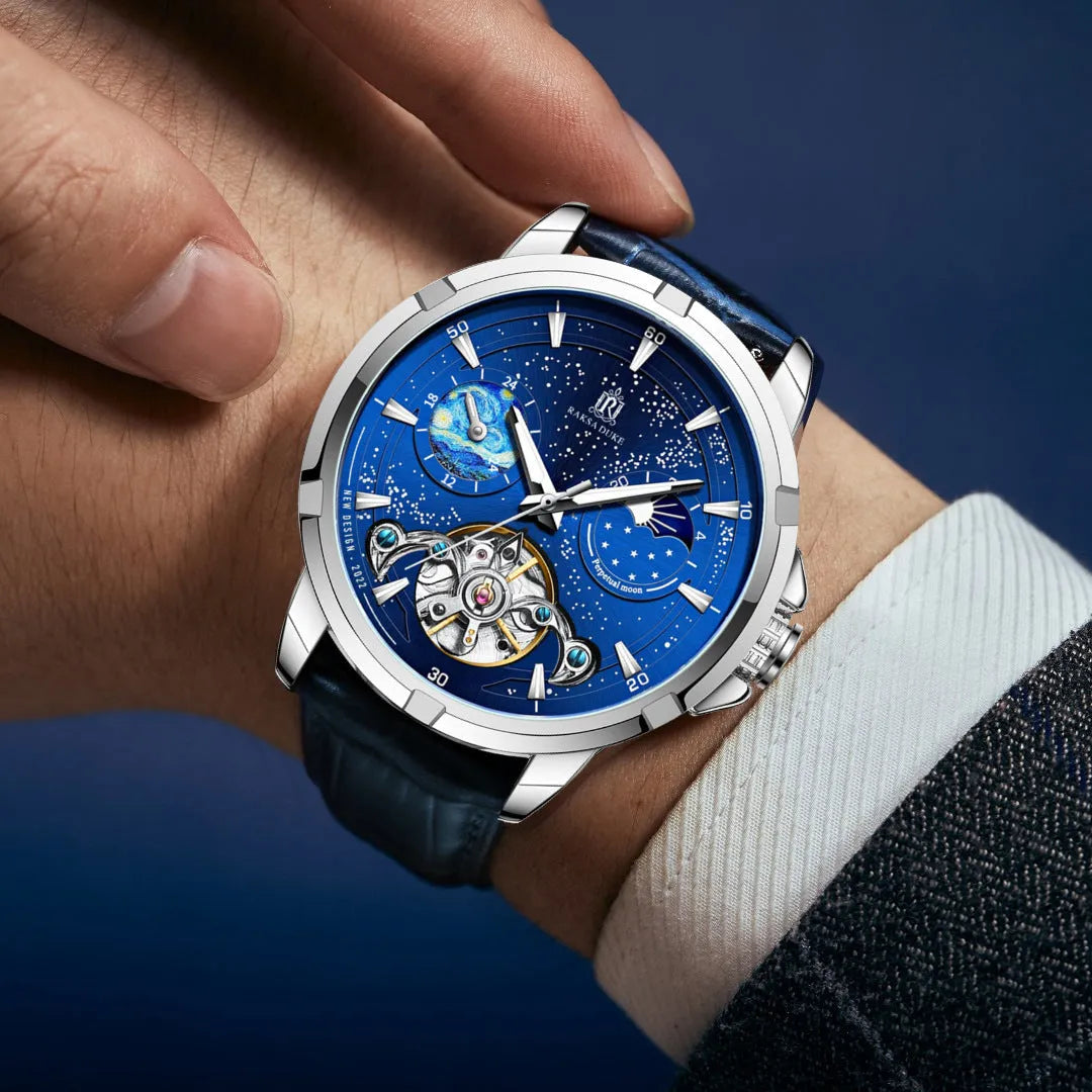 Men's blue dial automatic mechanical watch with stainless steel case, side view showing 14mm thickness.