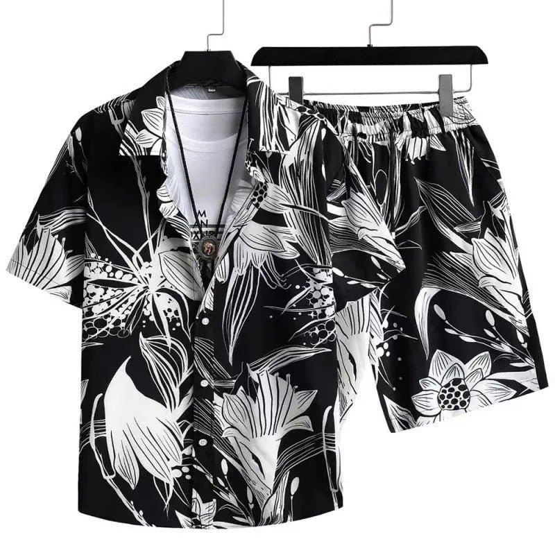 Men's digital print cardigan suit set with short sleeve shirt and elastic shorts in multiple colour options