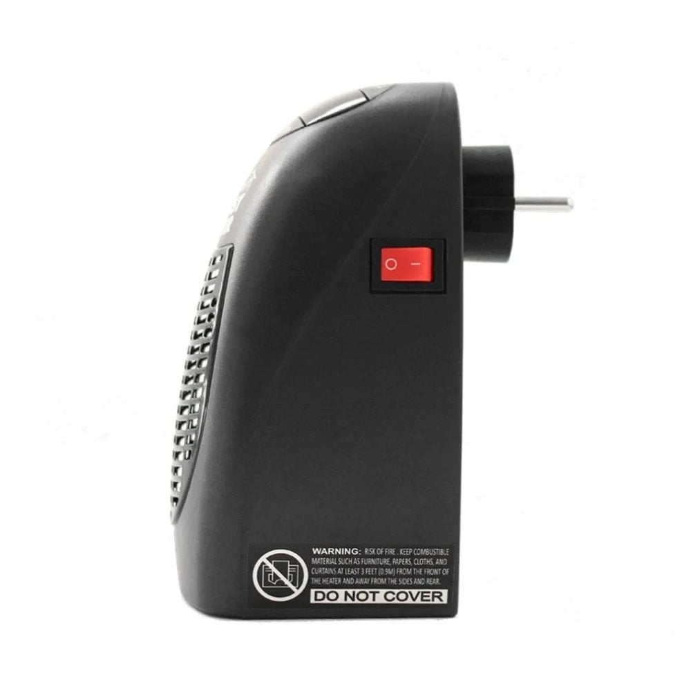 Small black mini ceramic electric heater with digital display and a rotating three-prong plug.