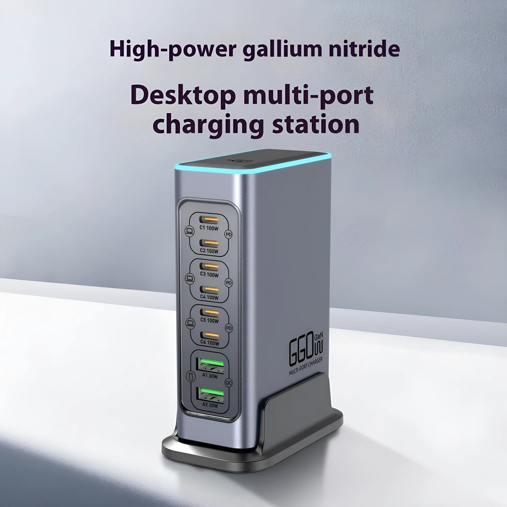 660W Gallium Nitride desktop multi-port fast charger with UK, EU, AU, and US plug heads
