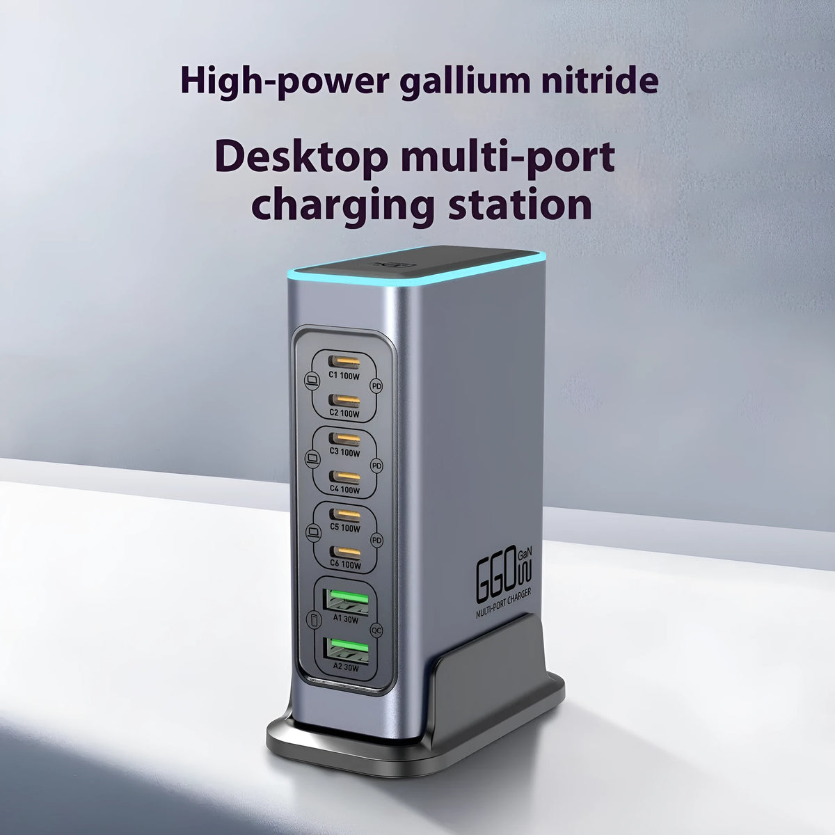 660W Gallium Nitride desktop multi-port fast charger with UK, EU, AU, and US plug heads