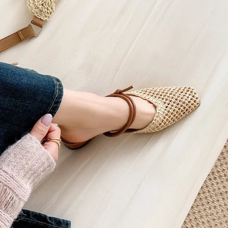 Women's black French-style square toe slippers with hollow-out design and chunky heel