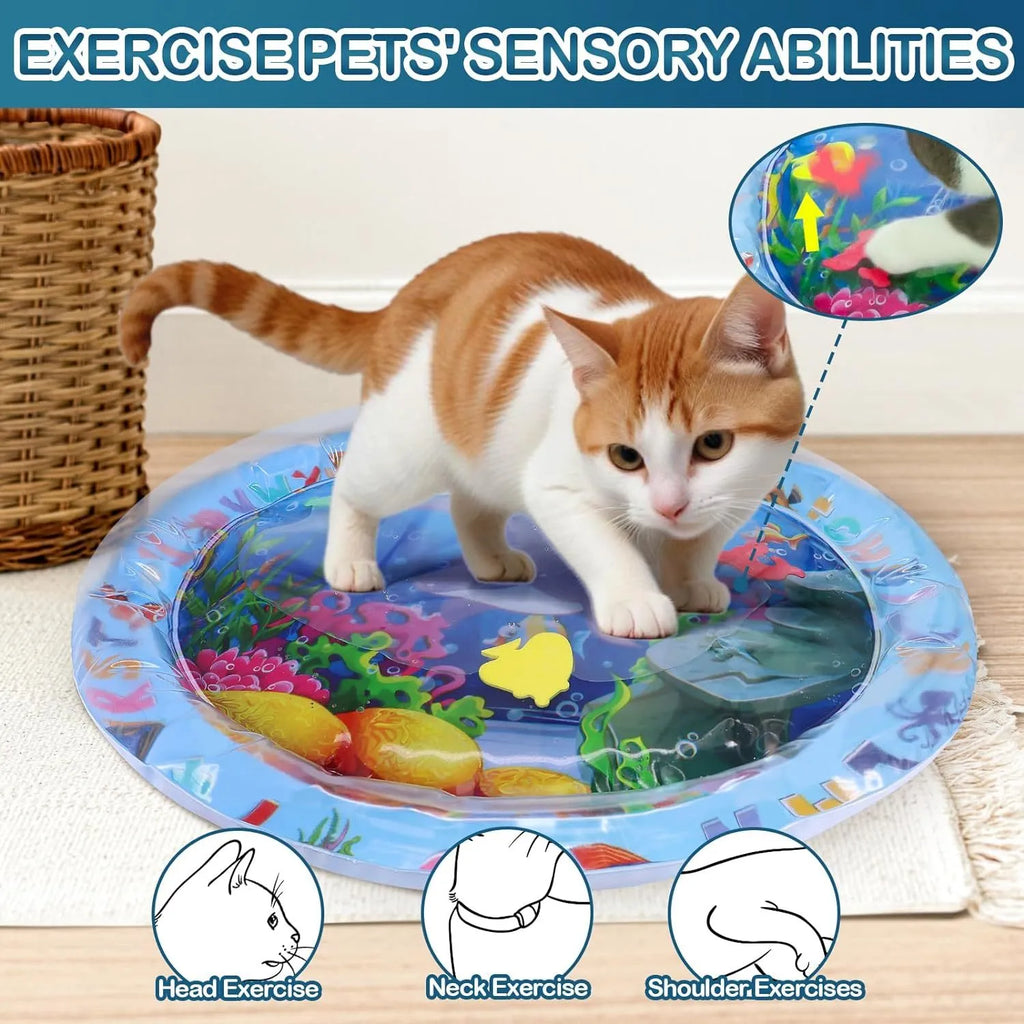 Square blue water sensory playmat for cats with floating fish toys on surface