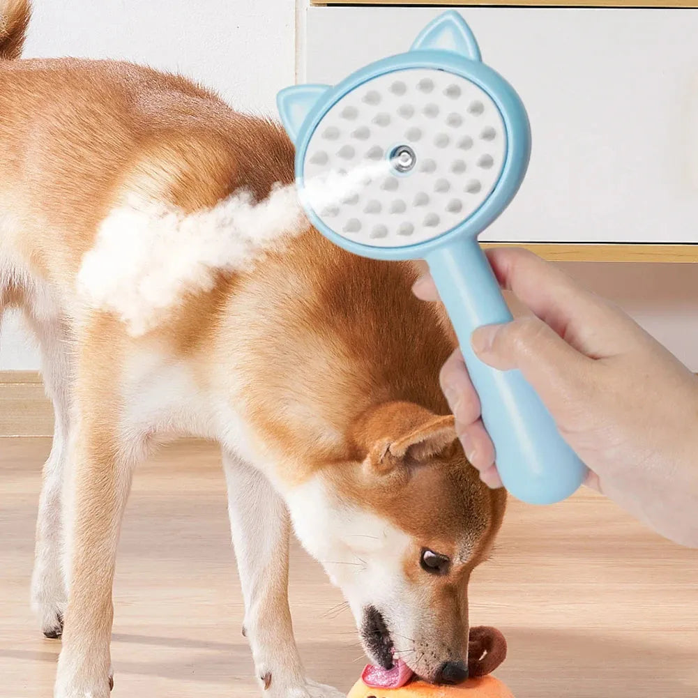Rechargeable mist grooming brush for cats and dogs in yellow, blue, or pink, with ABS TPR silicone construction.