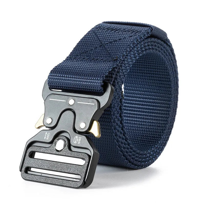 Men's canvas tactical belt in Army Green with an alloy release buckle, showing weave detail and length.