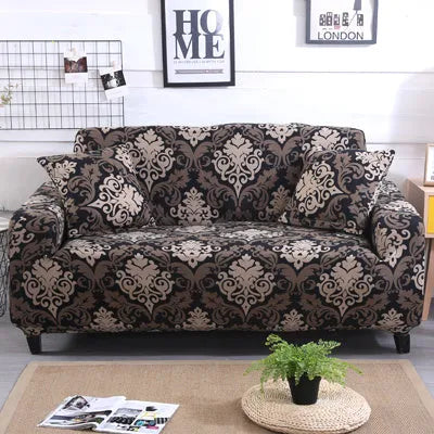 Geometric print stretch sofa slipcover on a double seat sofa