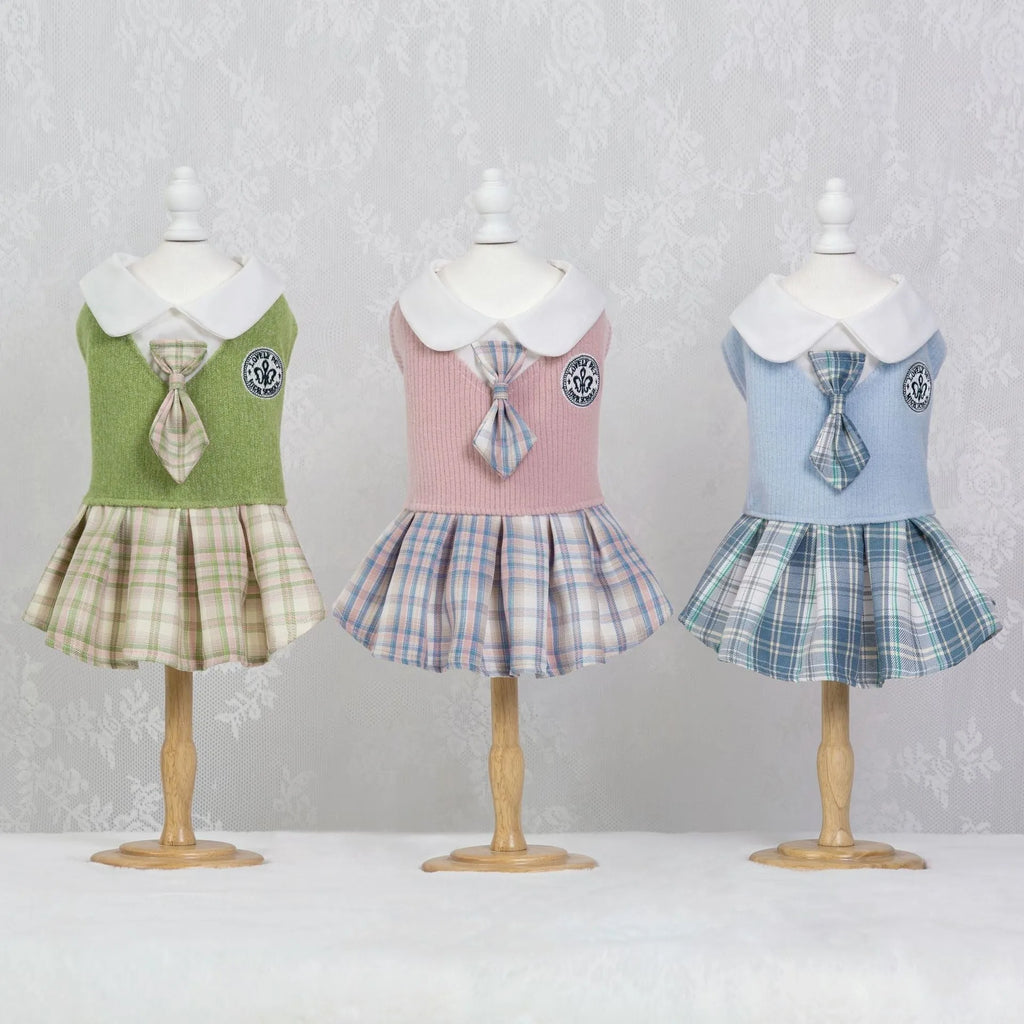 Tartan pattern skirt for small dogs or cats in polyester fabric, shown in pink colour.