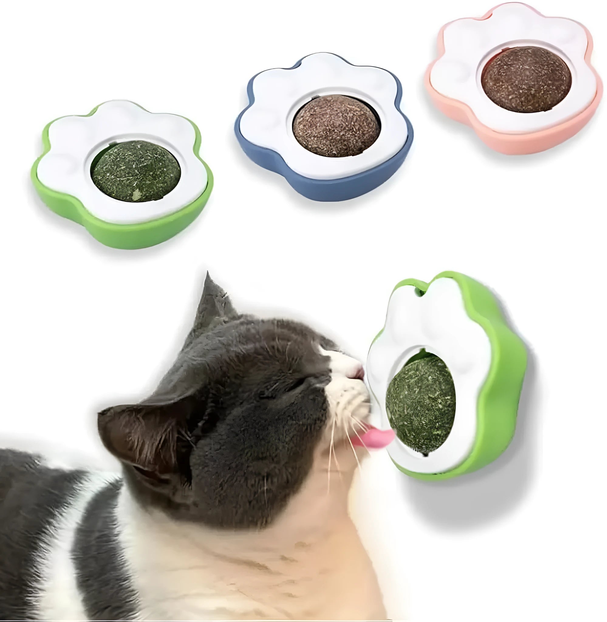 45mm catnip balls for cats with edible vine construction in blue, green and pink colours