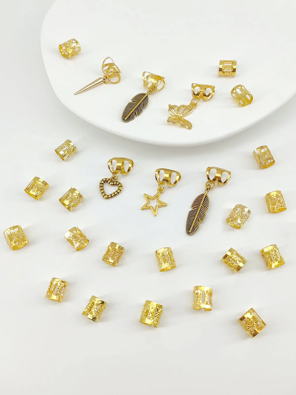 Antique style dirty braid hair rings with trendy leaves pattern in gold or silver finish