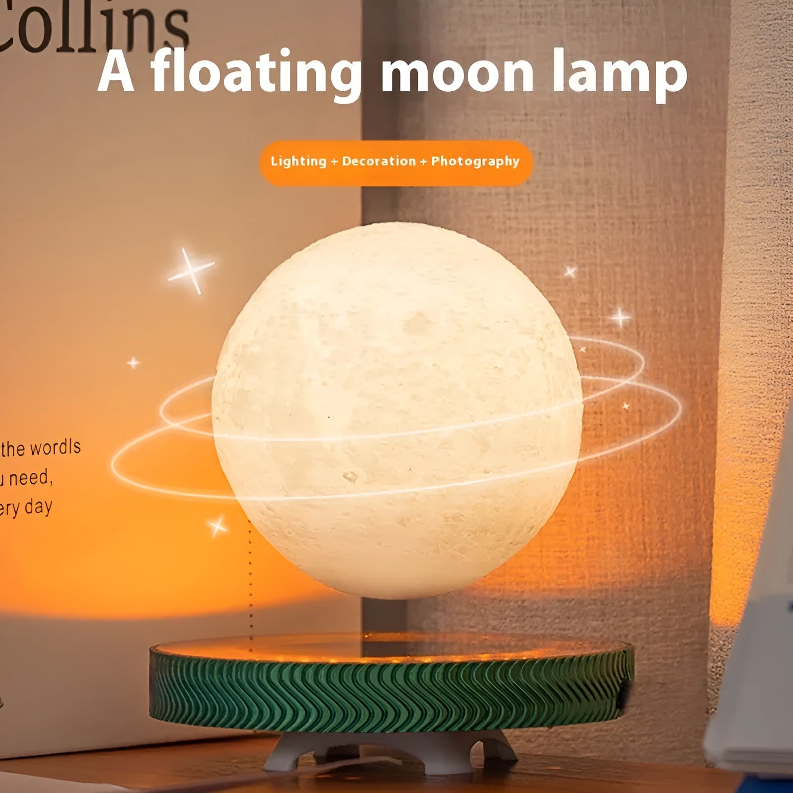 Small magnetic suspension moon night lamp with floating 3D printed celestial design
