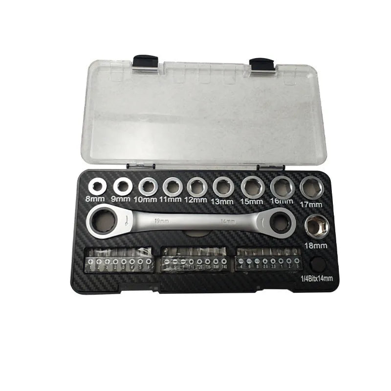 Dual-purpose ratchet wrench set with ten sockets and three bit heads laid out on a surface.