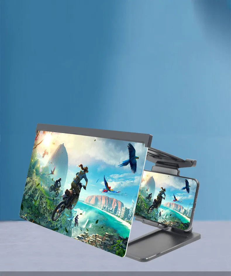Black folding mobile phone screen amplifier and adjustable holder on a desktop, magnifying a smartphone display.