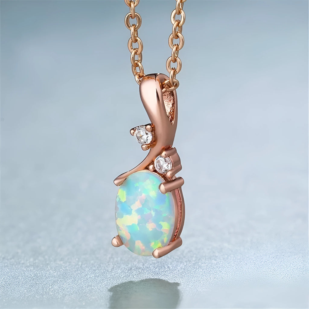 Water drop shaped opal pendant necklace with adjustable chain in rose gold or white finish
