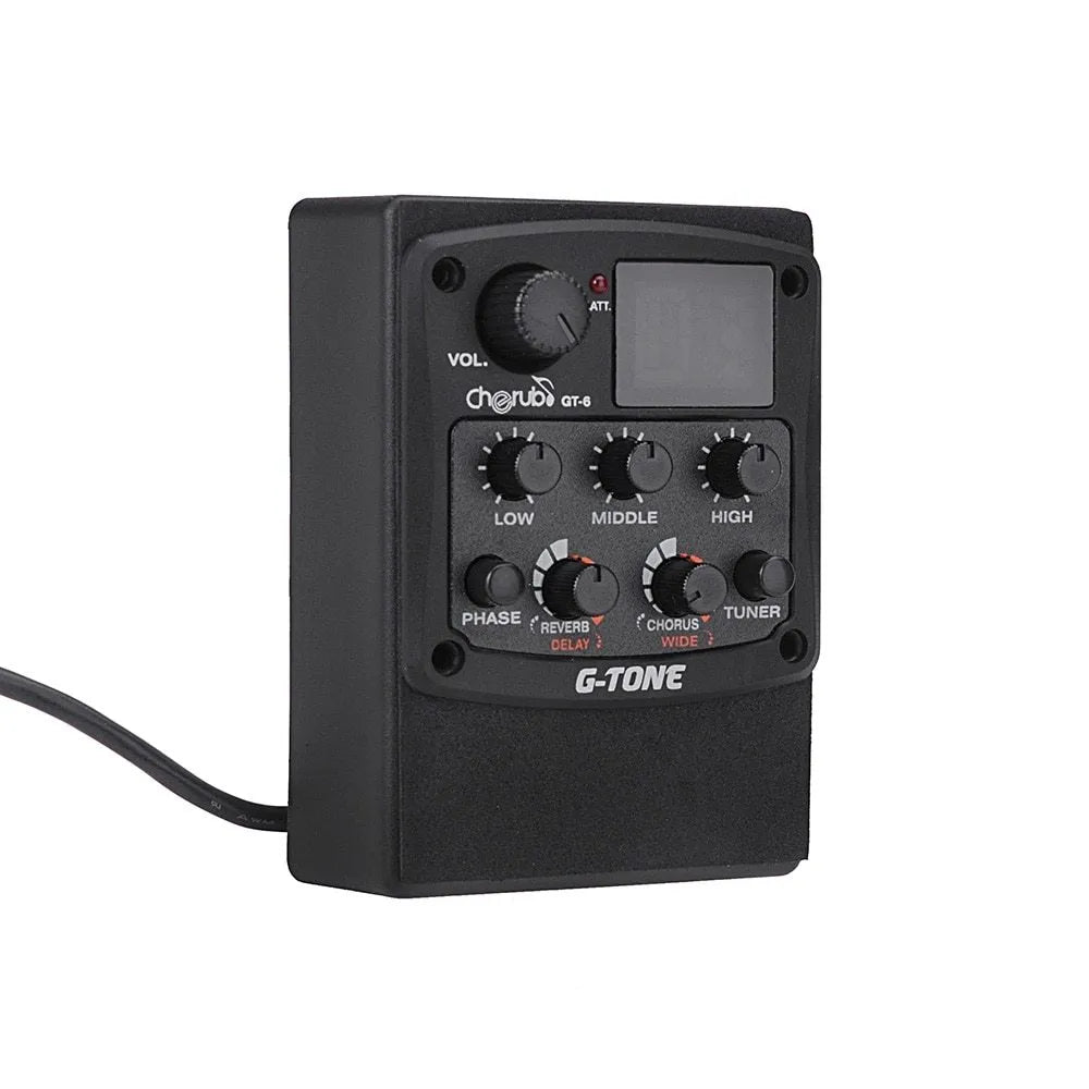 Cherub GT-6 black acoustic guitar soundhole pickup unit with EQ and effects knobs.