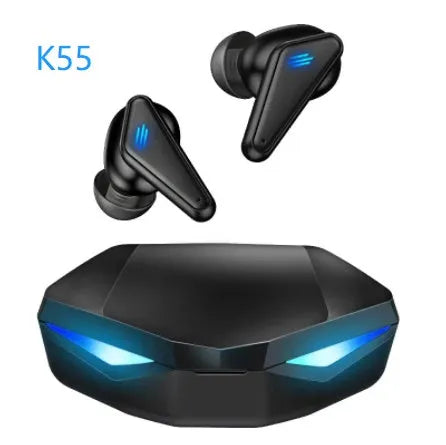 Blue Private Model K55 wireless Bluetooth gaming headset with earplug design.