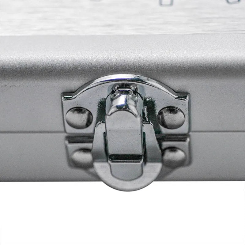 Silver aluminium portable storage box for a soldering iron, showing mini size.