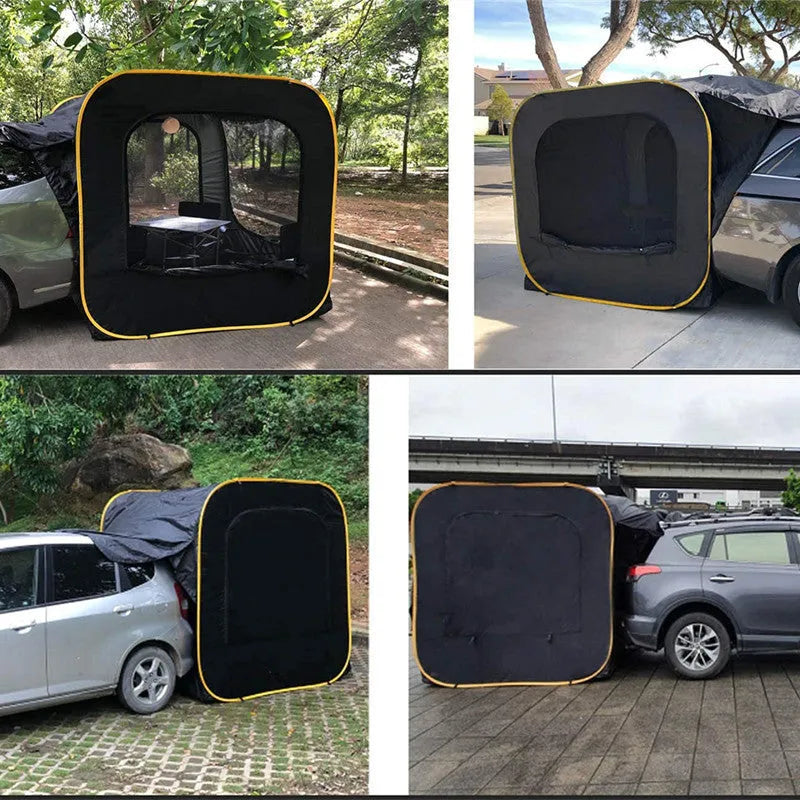 Black pop-up car tailgate tent unfolded to 200cm, showing quick-throw design and optional steel support rods.