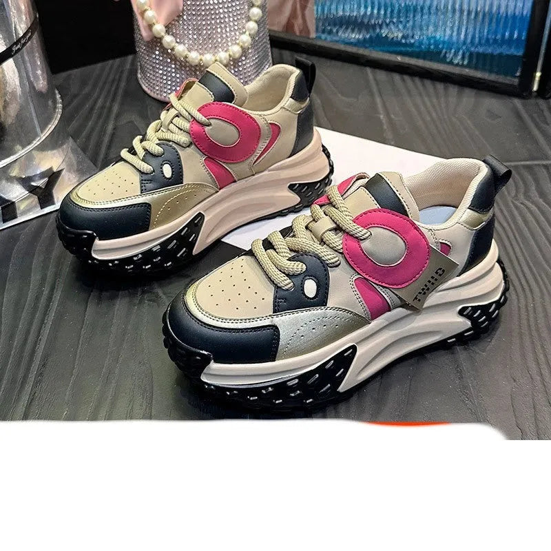 Leather sports casual shoes with thick wedge soles in silver, carmine, black coffee, and black and white colours