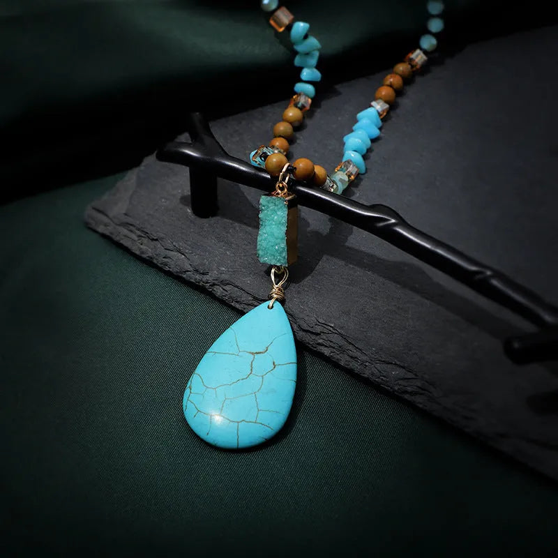 Turquoise blue heart-shaped pendant necklace with mixed gemstone inlay on 81cm ball bead chain
