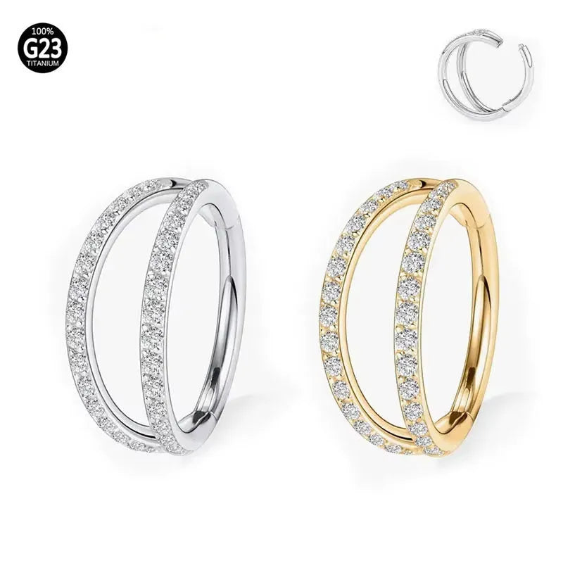 G23 titanium alloy lip and nose ring with diamond-like zircon treatment in gold or steel colour on a white background.